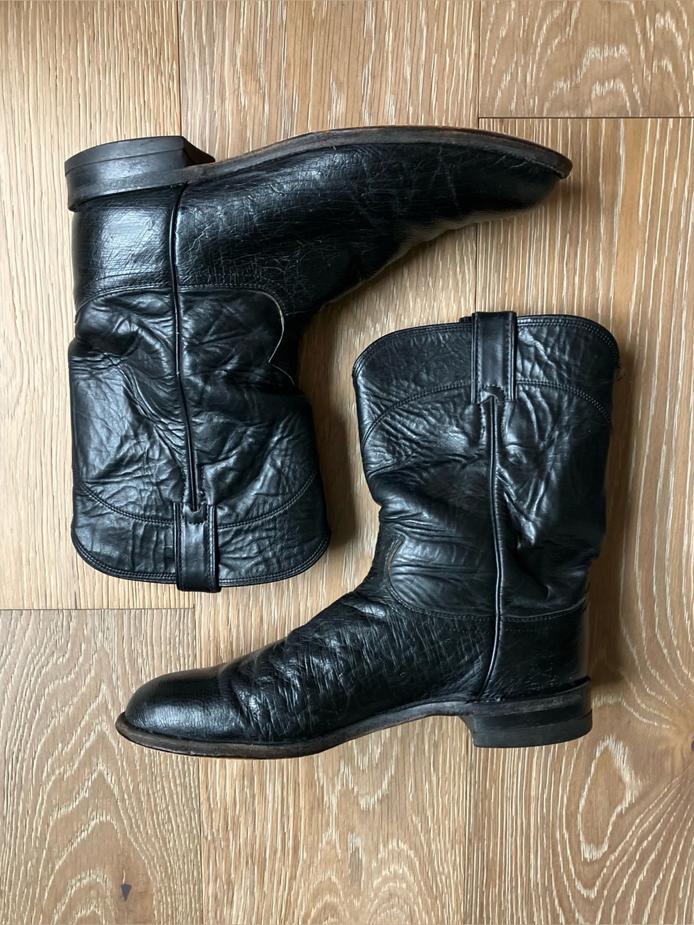 Justin Black Cowboy Boots Vintage 3173 Exotic Smooth Ostrich Roper 9.5 Low Heel